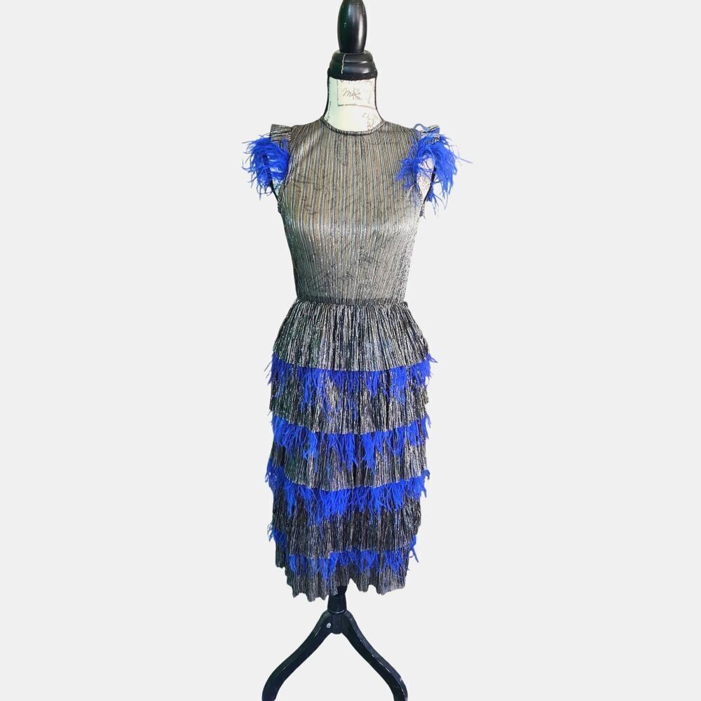 Sabina Musayev Tiered Blue Metallic Midi Dress Size S Sheer elegant